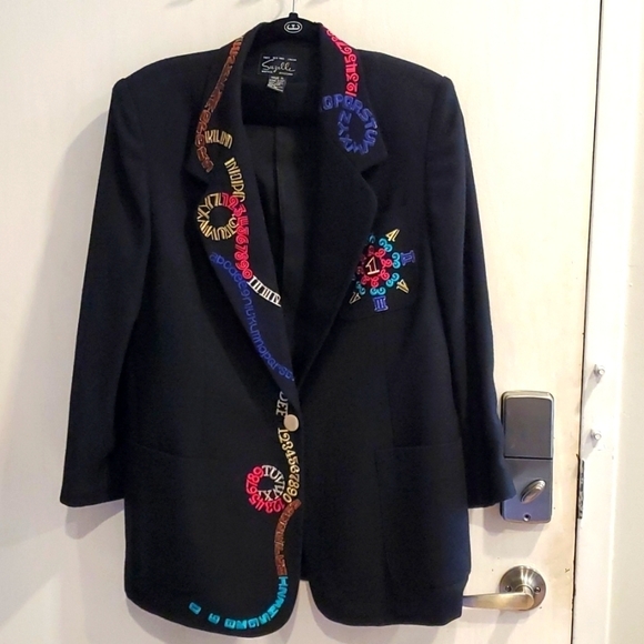 Suzelle Vintage 90s Black Colorful Alphabet Number Theatrical Blazer 14 Pristine - Picture 2 of 7